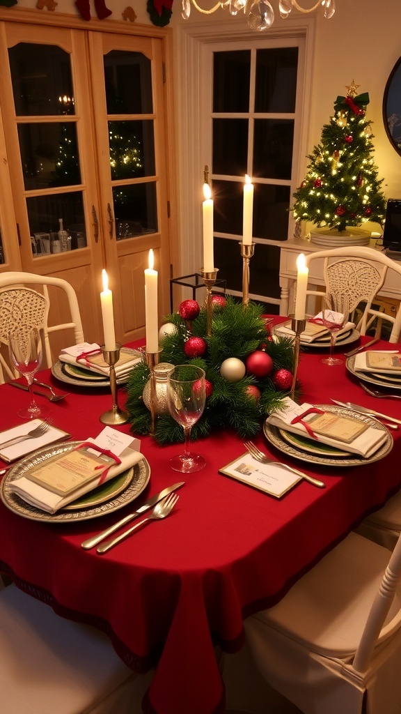 Elegant Christmas Table Settings for Your Apartment A stylish Christmas table setting with red and green decor, candles, and a festive centerpiece in an apartment.